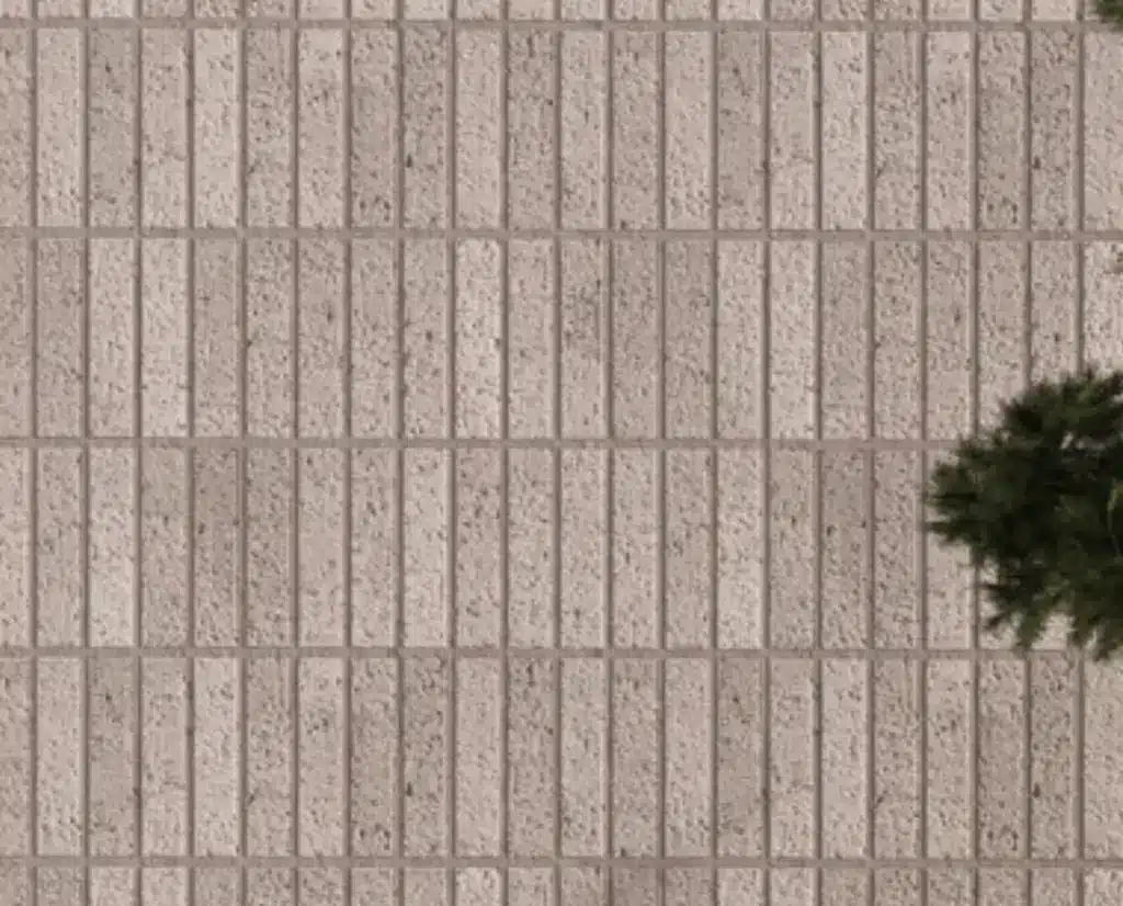 Pared de ladrillos verticales beige con textura, parte de un árbol a la derecha.