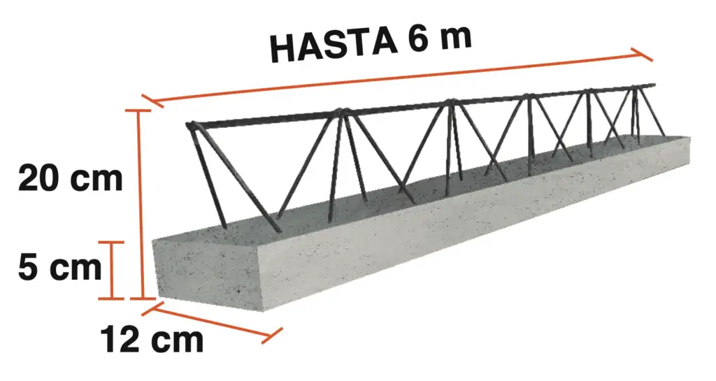Losa prefabricada de hormigón con armadura triangular. Hasta 6 m, 20 cm de alto, 12 cm de ancho y 5 cm de base.
