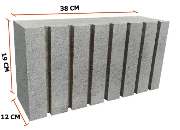 Bloque de construcción de hormigón celular gris con dimensiones de 38x19x12 cm. Nuevos Productos.