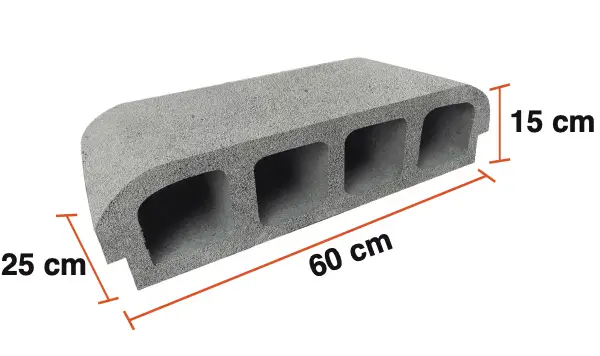 Losa de hormigón gris con orificios, dimensiones 60x25x15 cm.