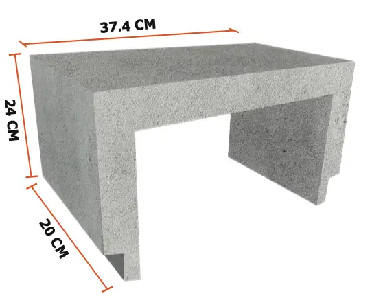Bloque de construcción gris con dimensiones: 37.4 cm de ancho, 24 cm de alto y 20 cm de profundidad.