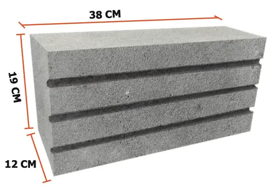 Bloque de construcción gris con ranuras, dimensiones 38x19x12 cm. Nuevos productos de construcción.