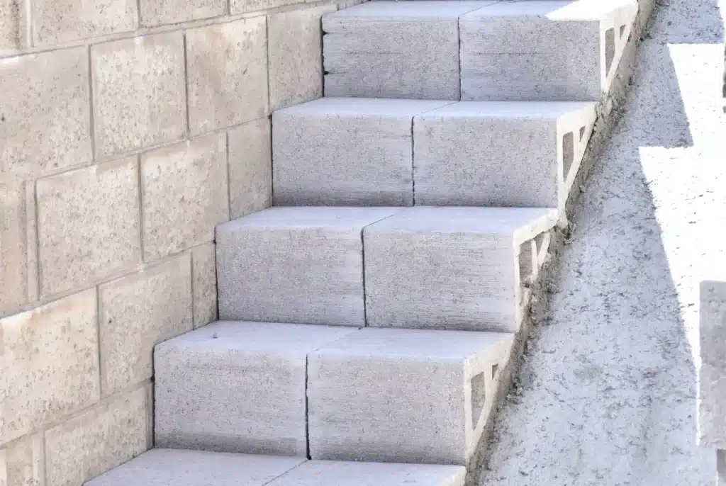 Escalera de bloques de hormigón gris, parte de un diseño de muros aparentes.
