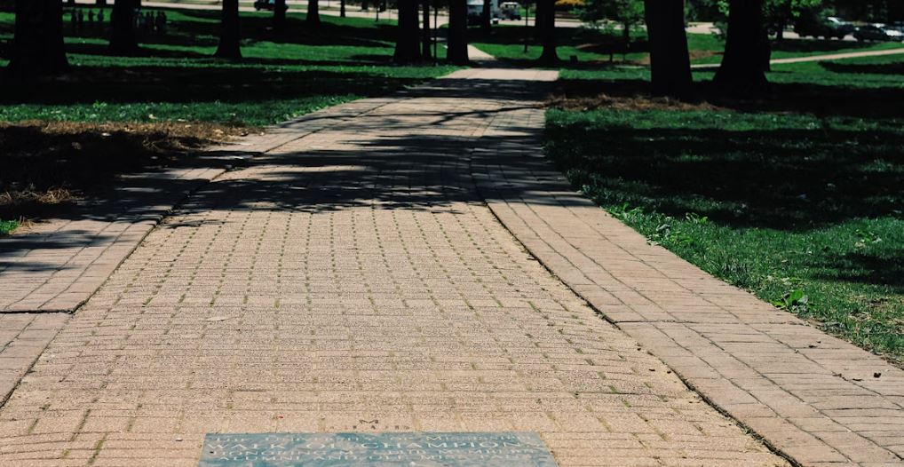 Sendero de Pavimento Hidráulico en un parque con sombra de árboles.
