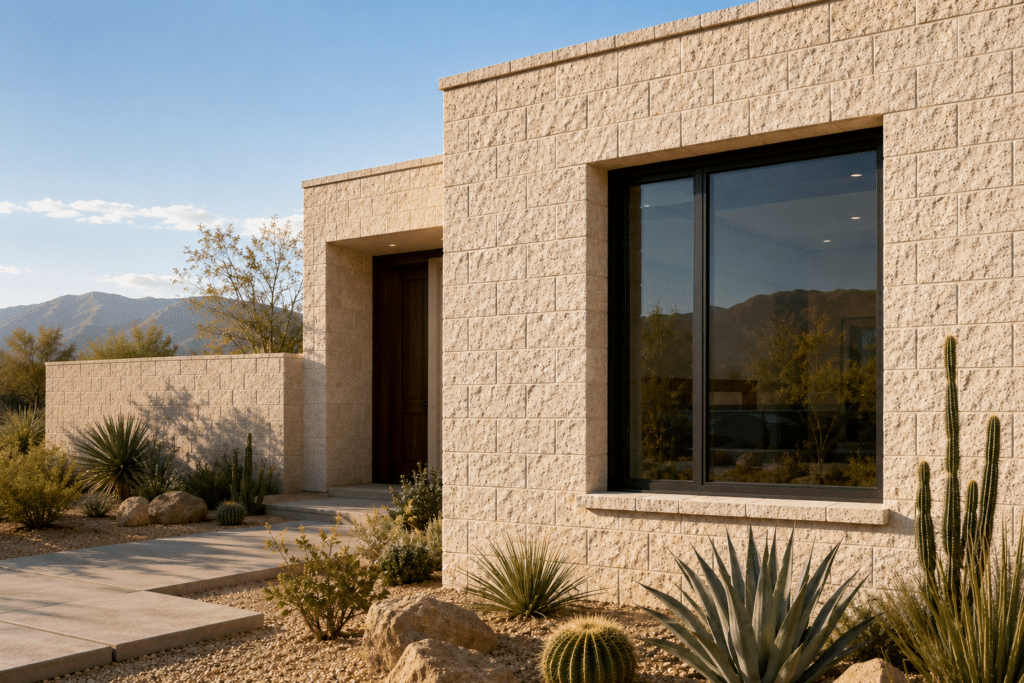 Fachada de casa con bloques de piedra