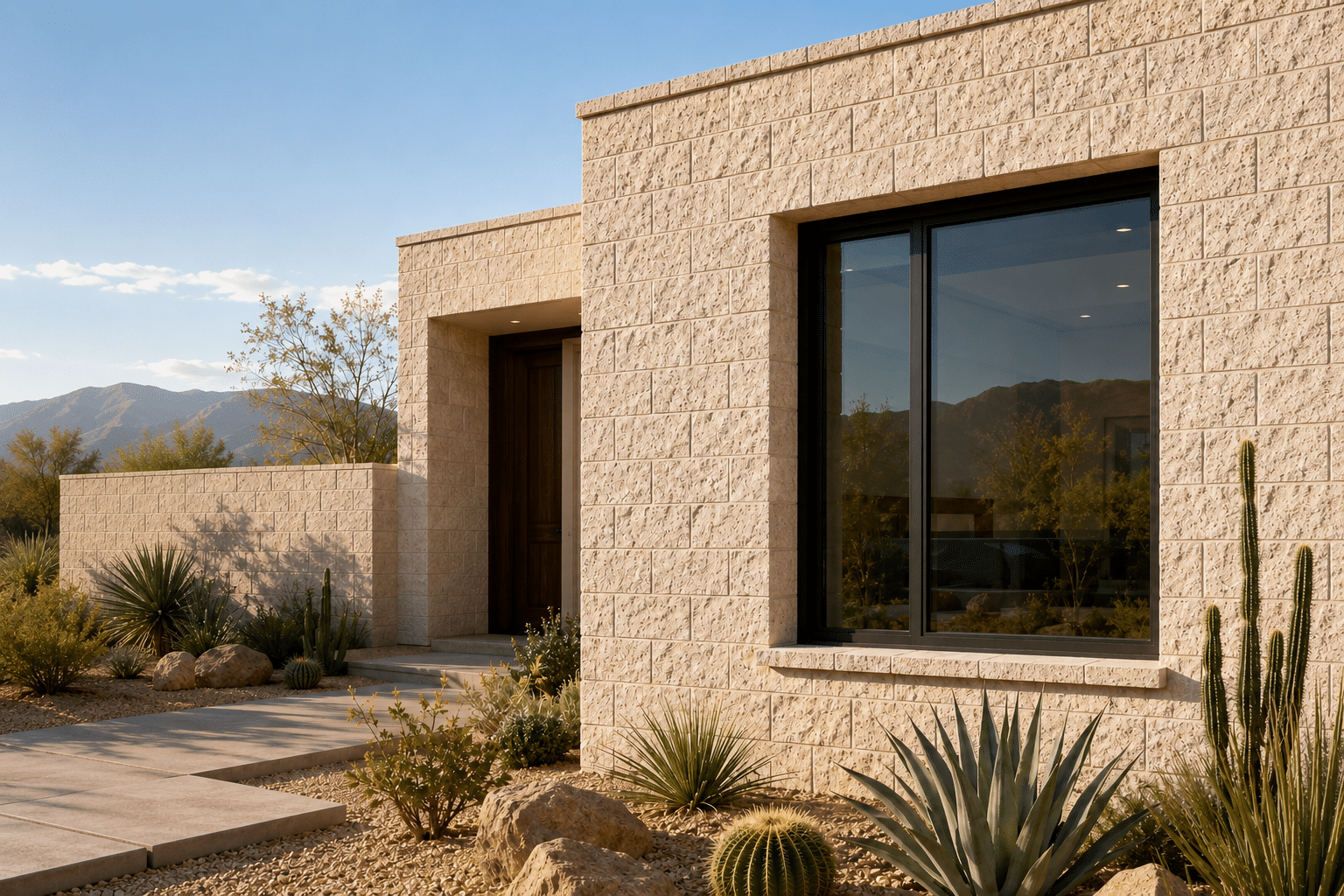 Fachada de casa con bloques de piedra