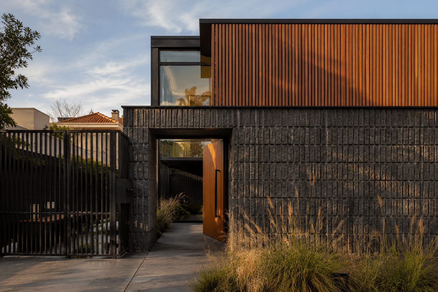 Fachada moderna: bloque de piedra, madera