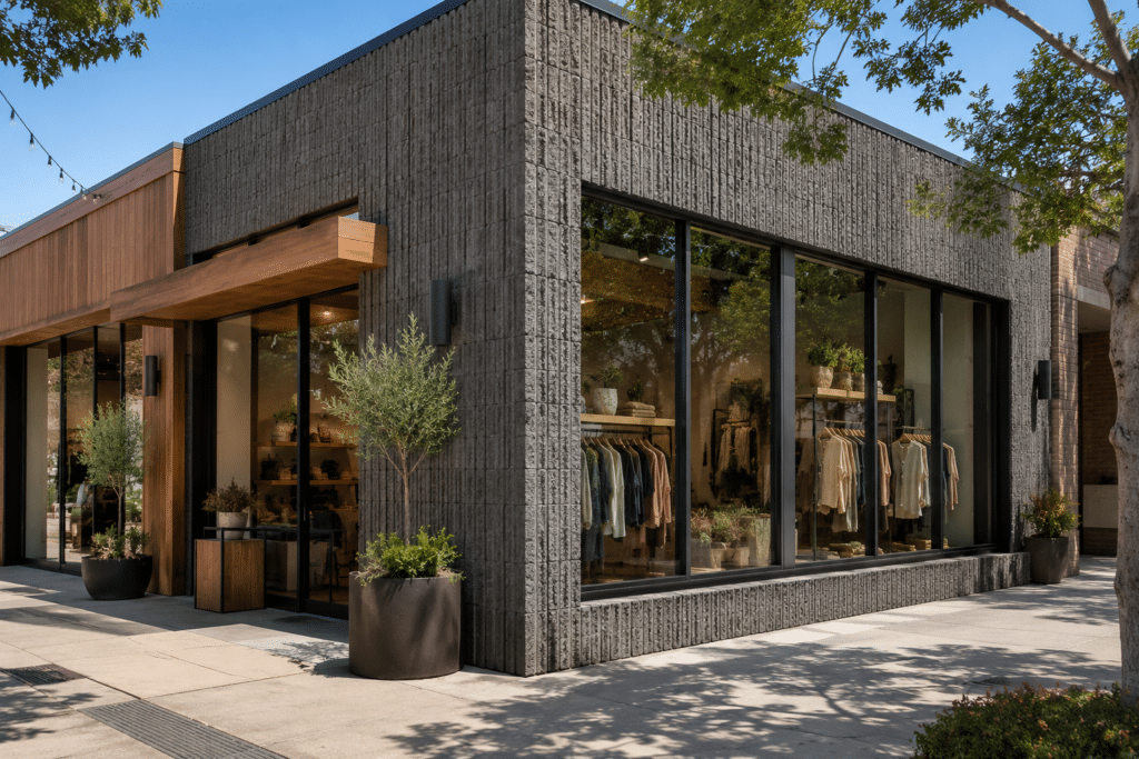 Fachada comercial con bloques de piedra