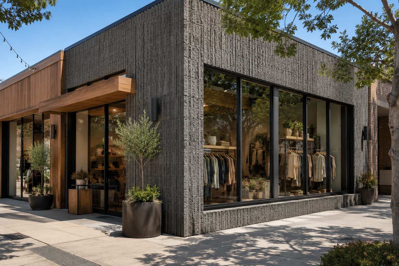 Fachada comercial con bloques de piedra