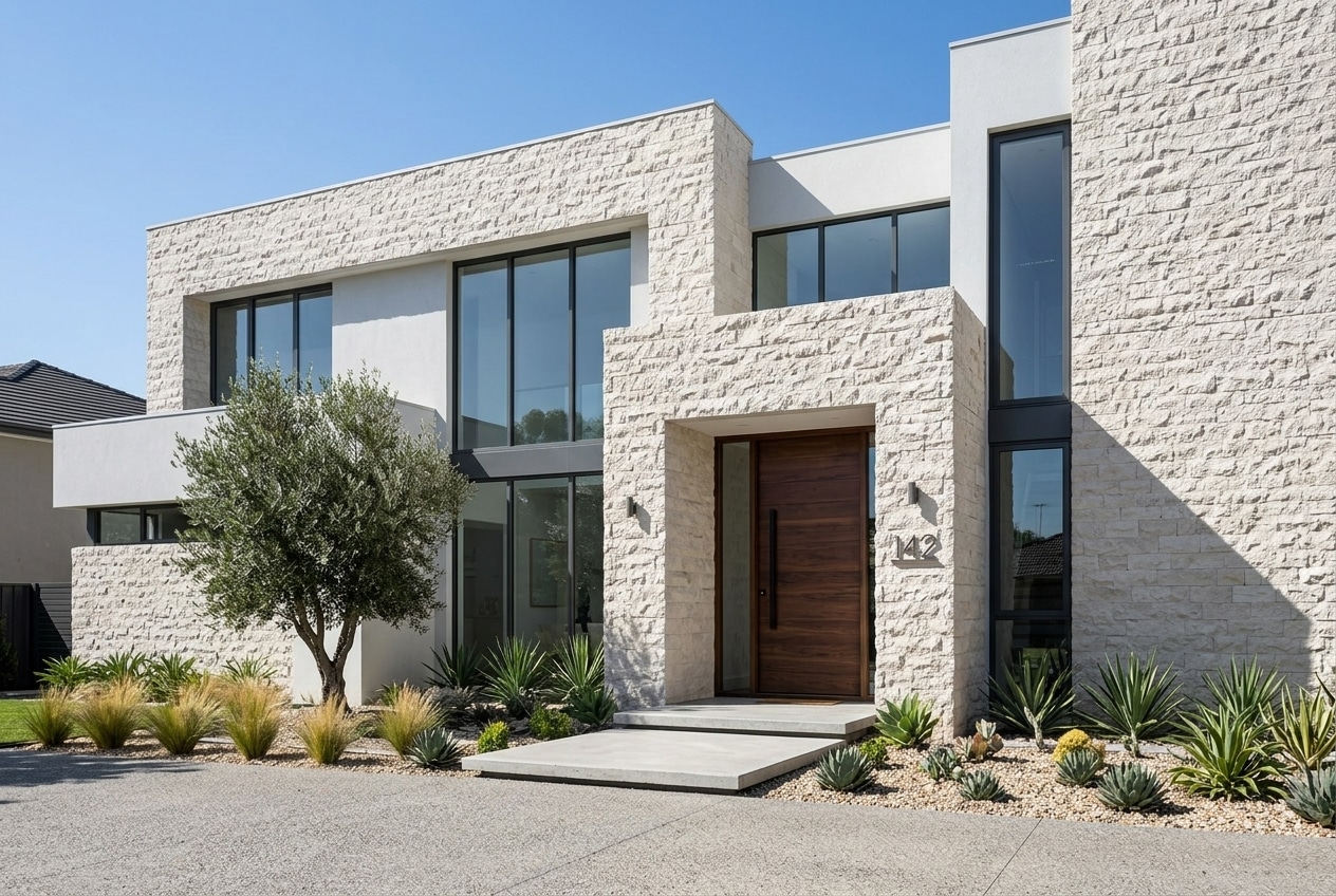 Casa moderna con fachada de piedra y puerta de madera.