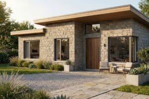 Casa moderna de piedra con entrada de madera y jardín