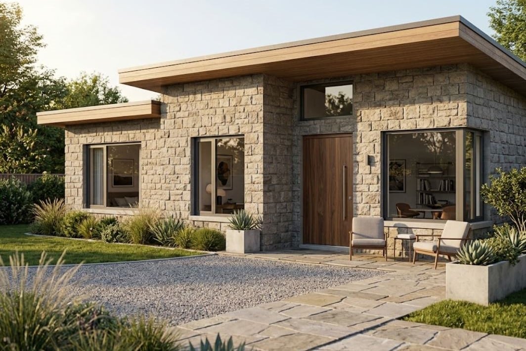 Casa moderna de piedra con entrada de madera y jardín