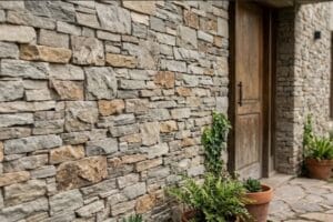 Pared de piedra rústica con puerta de madera y plantas