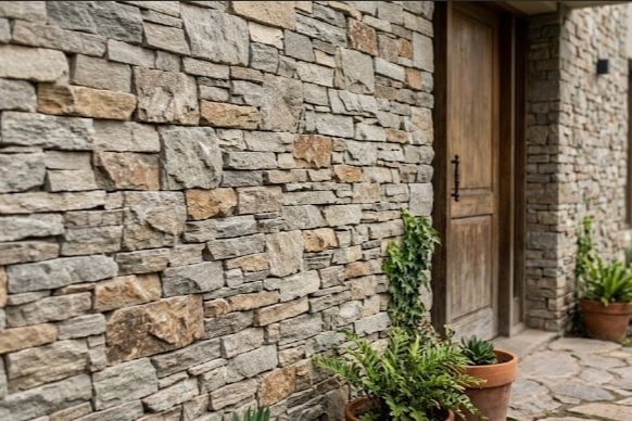 Pared de piedra rústica con puerta de madera y plantas