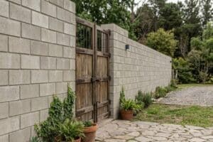 Barda de block aparente con portón de madera rústico y vegetación.